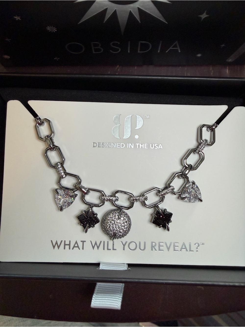 Silver Crystal Charm Necklace - Black & Clear Accents
